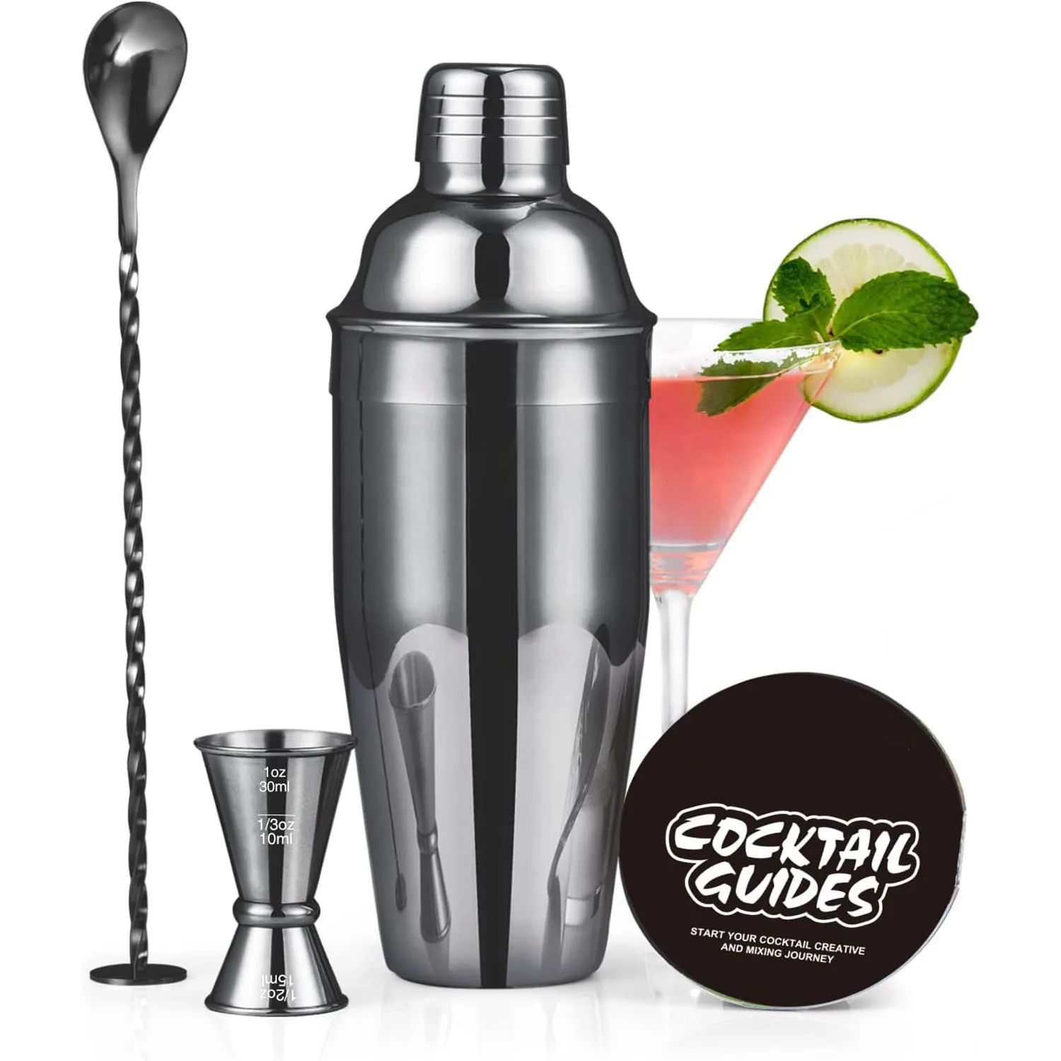 Factory Sells Black Stainless Steel Metal 750ML Reusable Martini Kit Shaker Measuring Cup Jigger Bar Spoon 3-piece Cocktail with Custom Logo