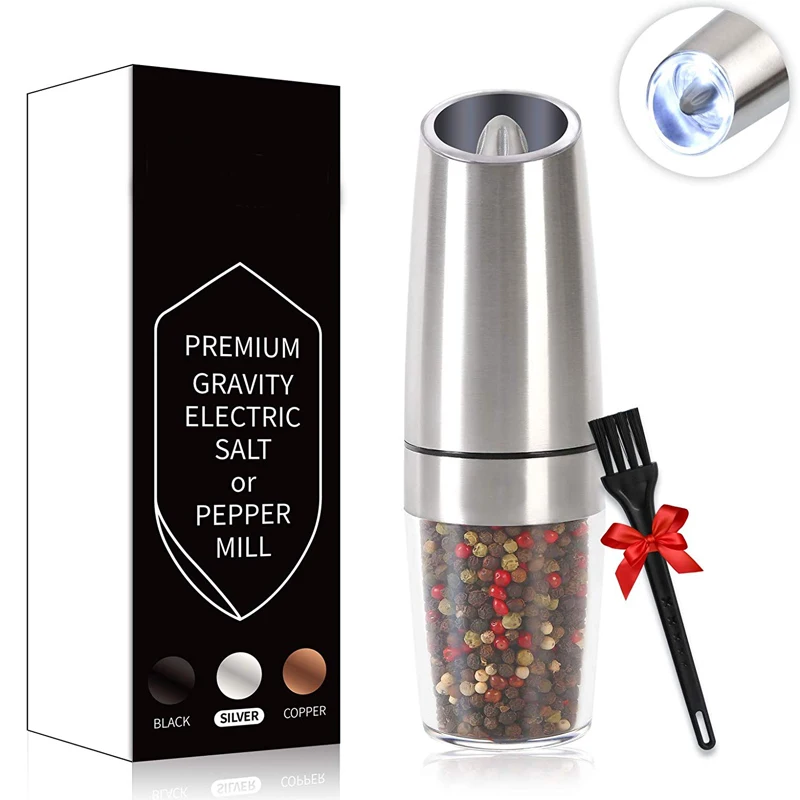  AmuseWit Gravity Electric Salt and Pepper Grinder Set of 3 - Battery  Operated Automatic Salt and Pepper Mills with White Light,Adjustable  Coarseness,One-Handed Operation,Utility Brush,Stainless Steel: Home &  Kitchen