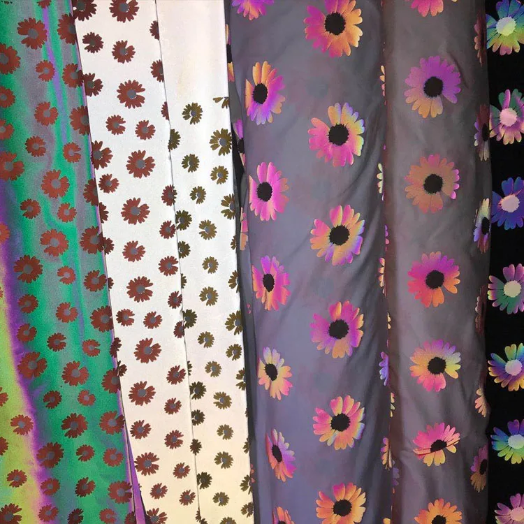 Black rainbow Colored Reflecting Colorful Sun Flower Print High Light Retro Reflective Polyester Spandex Fabric for Clothing