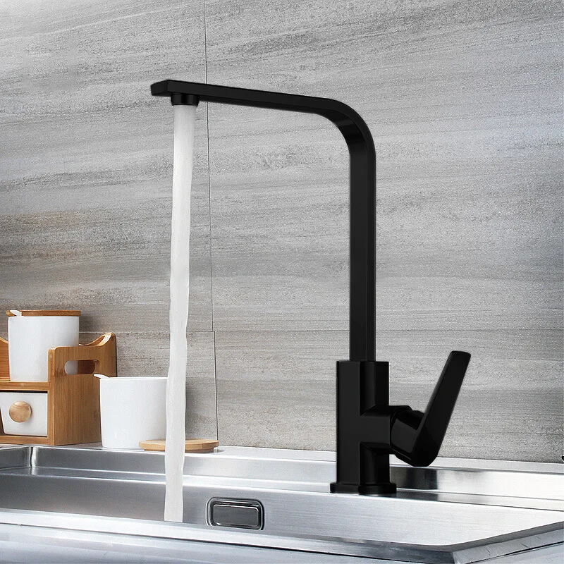 Factory Direct Black Square Kitchen Mixer Faucet Single-Handle Sink Tap for Hot & Cold Water Single-Hole Installation for Hotels