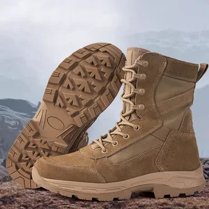 Men's High Top Tactical Boots Durable Genuine Leather Upper Non-Slip Rubber Sole Lace up Side Zipper Adventure Hiking Boots