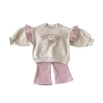 Ins Children's Fashionable Sweet and Stylish New Spring and Autumn Set for Girls Cute Cartoon Two-piece Set with Lace and Bow
