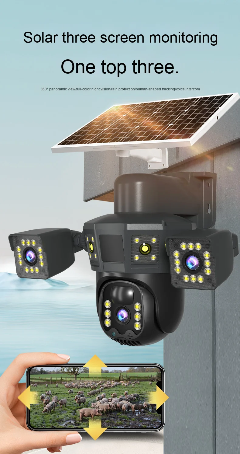4Lens 3 Screens 3MP 6K Outdoor Security Network Camera 360PTZ IP CCTV Wireless WIFI Solar 4G Sim Night Vision Audio Call Surveil