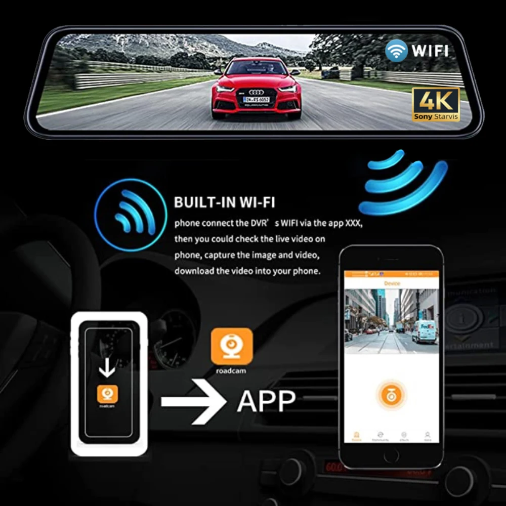 10 Inch Touch Screen Car Mirror Camera 4k Wifi Gps Dash Cam Doble