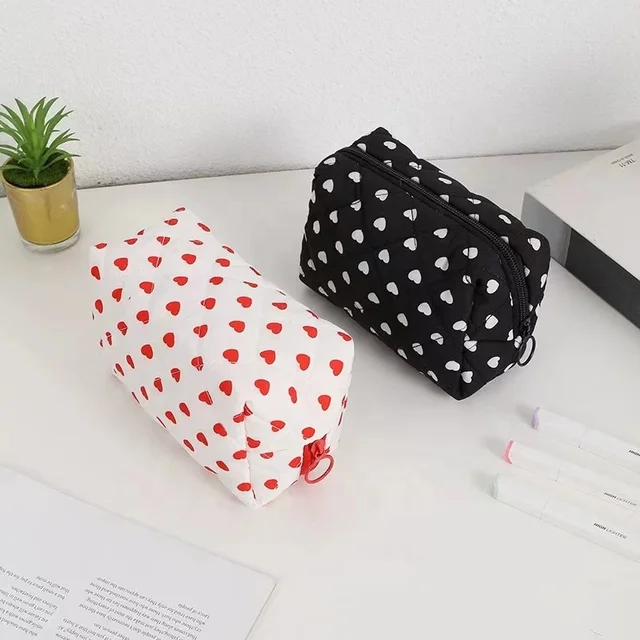 custom heart design travel toiletry bag portable cosmetic bag red heart makeup pen storage bags for women girls cream puff color