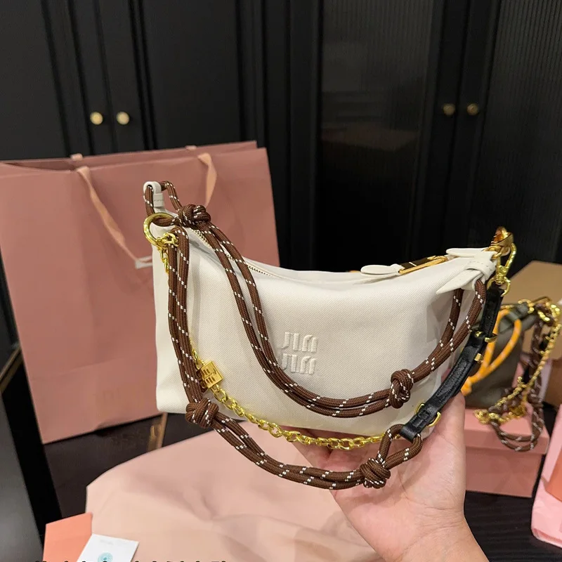 Womens 2025 New Style Rope-Knot Dual Shoulder Straps Hobo Canvas Lunch Bag Surf-Style Polyester Zipper Closure 18x14cm