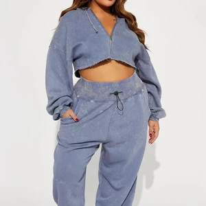 Womens Two Piece Set Vintage Washed Hoodie Jogger Streetwear French Terry Cotton Custom Logo Oversized Cropped Distressed