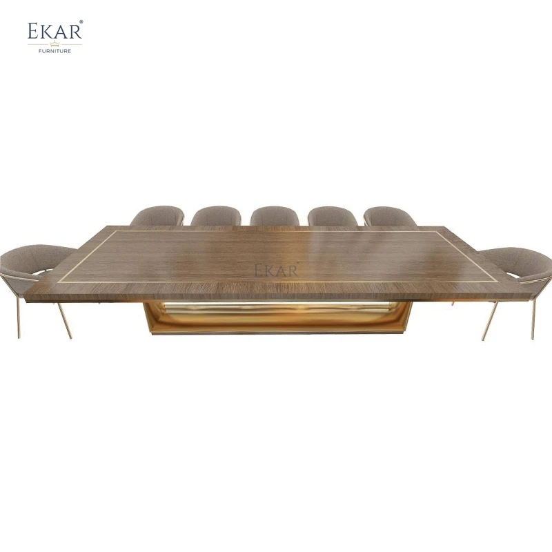 product new design long table sets stainless steel titanium gold and walnut dining table   a fusion of elegance and modern design-61