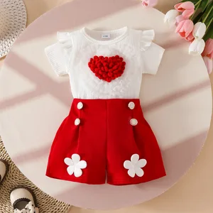 New Toddler Girl Casual Short Sleeve 3D Love Heart Pattern T-Shirt Flower Shorts 2-Piece Summer Outfit Polyester/Cotton