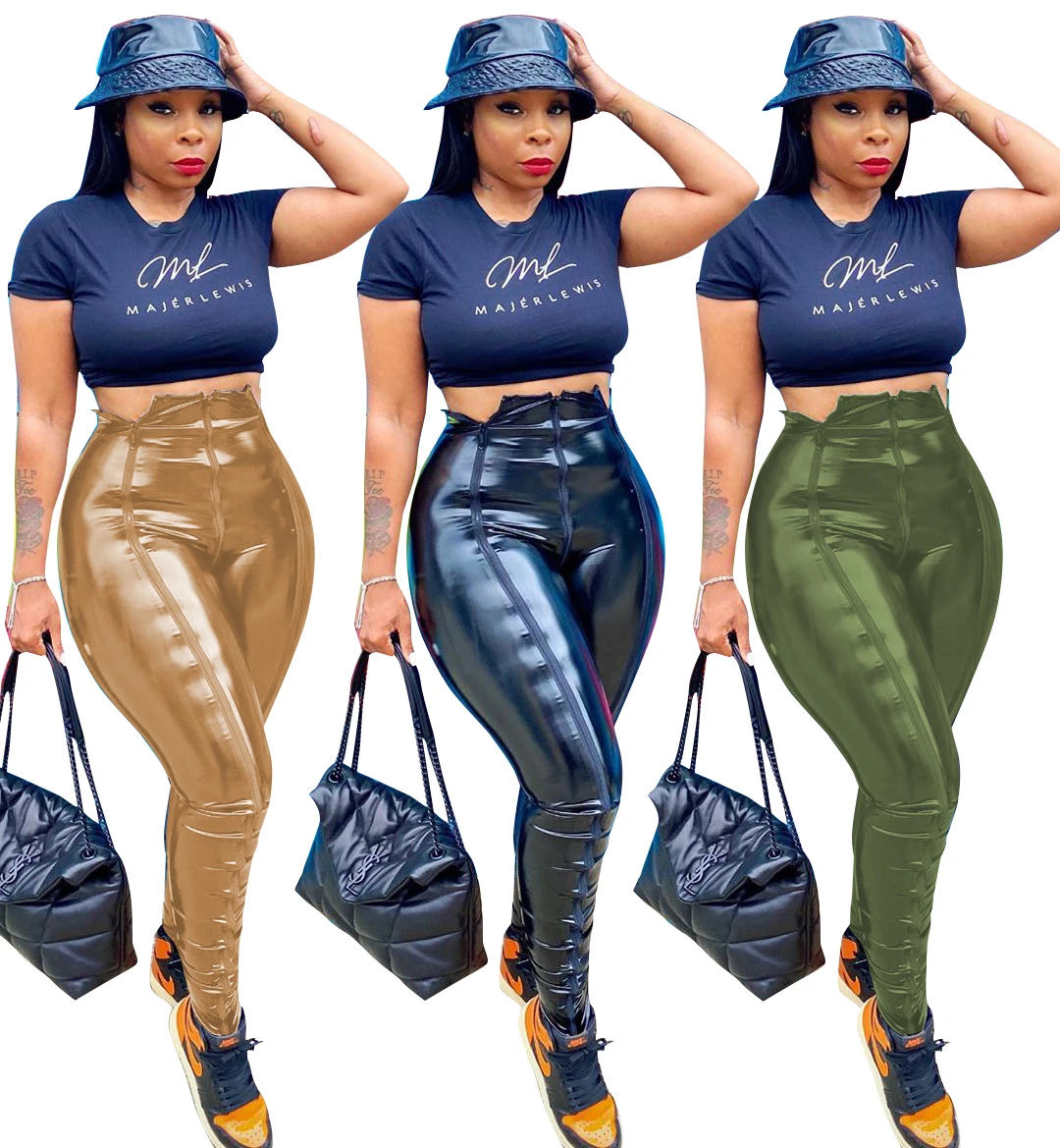 Fashion Slim-fitting Leather Trousers Women Waist-cinching Zipper Design Pants With Pockets