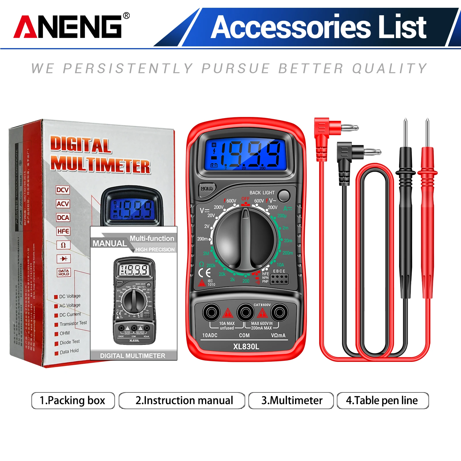 For ANENG XL830L Digital LCD Pocket Multimeter Professional Electric Voltmeter Ammeter Fuse AC/DC/ OHM Tester
