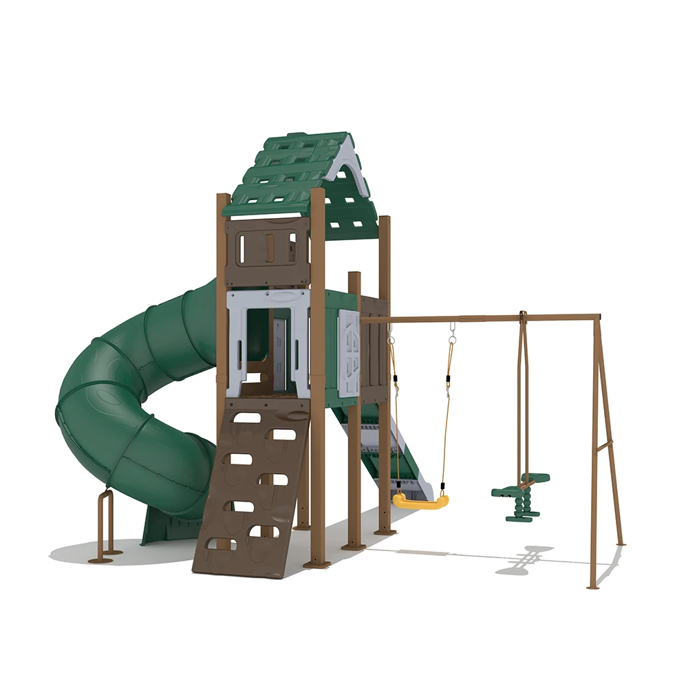 Metal Playhouse with Plastic Tube Slide Toddler Climbing Swing Set  Preschool Outdoor Playground Equipment for Garden Park Kids