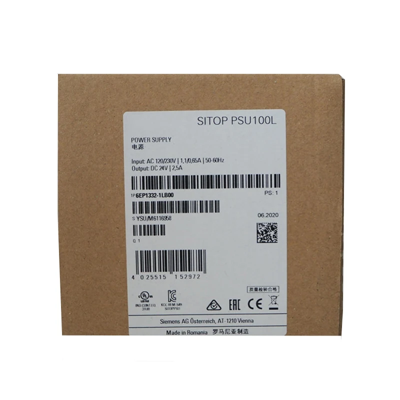 New Original 6EP1332-1LB00 stabilized power supply from Siemens SITOP smart series. Input 120–240V AC, output 24V DC / 2.5A, high efficiency, wide voltage range, short-circuit and overload protection. Compact for DIN rail mounting,