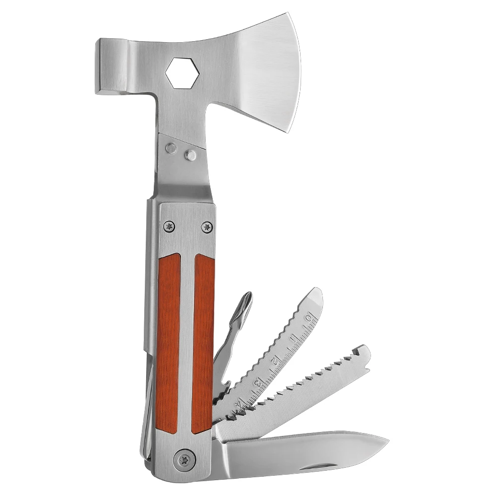 Mini 16 in 1 Wooden Handle  Multitool Portable Emergency Escape Axe Hammer Outdoor Survival Multitool Kit