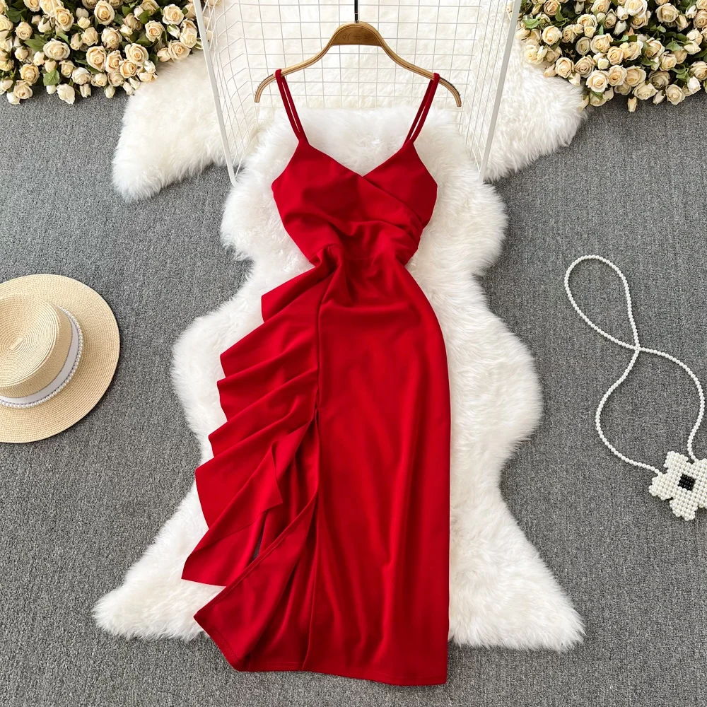 Summer New Spaghetti Strap Sexy Fashion Slip Pull Rope Ruffle Empire Tight  Fitting Pleat Sheath Dress
