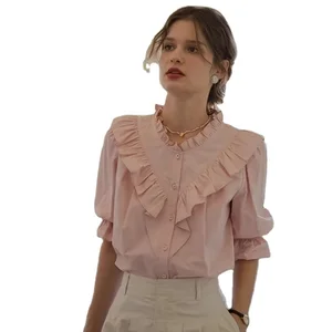 Factory Customized Elegant Women's Button-up Crew Neck Vintage Shirt 100% Cotton Spring Summer Collection Ruffle Blouse Solid