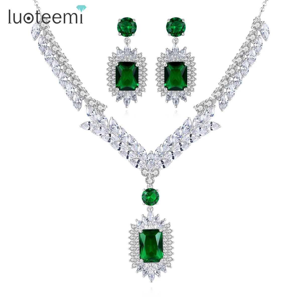 Wholesale LUOTEEMI Hot Sale Luxury Women Emerald Jewelry Set Cubic Zirconia Necklace  Earrings Jewelry Sets From m.