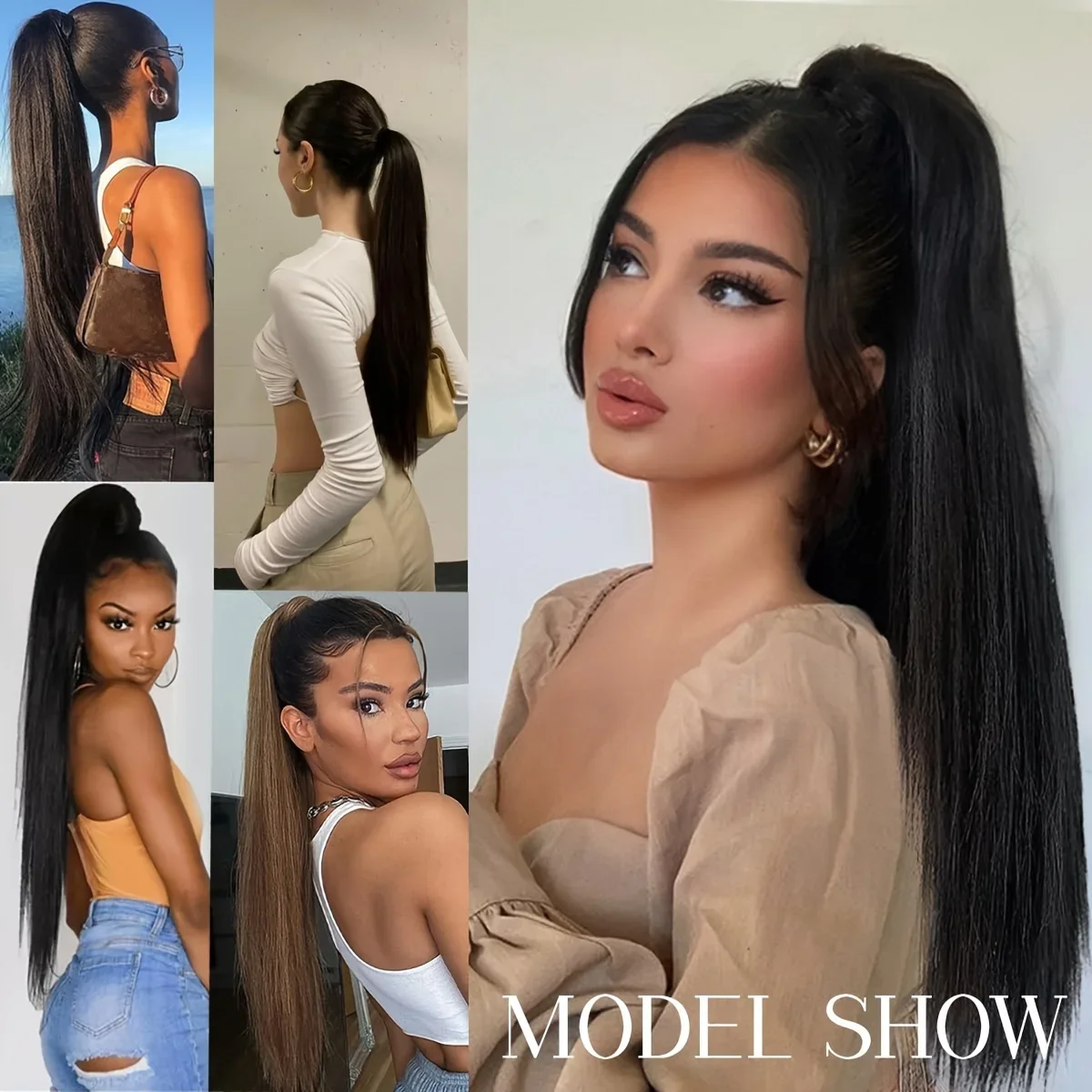 Pferdeschwanz-Extensions aus Echthaar mit Clip, 16–26 Zoll, natürliche Farbe, glatt, mit Kordelzug für Frauen_voghion.com