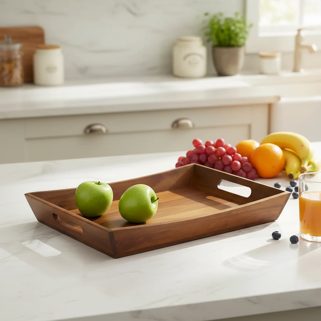 Eco-Friendly Acacia Wood Serving Tray with Handles Wooden Platter Food-Safe Multipurpose Platter  for Home & Kitchen