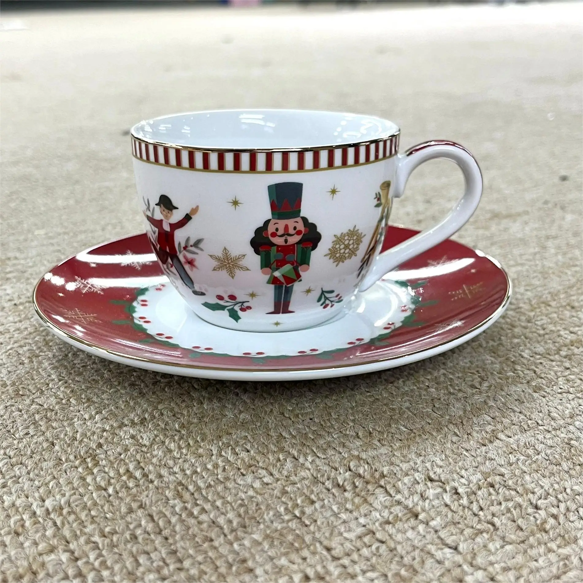 Gold Trim Ceramics Fine Bone China Holiday Vibe Tea Coffee Cup and Saucer Set details