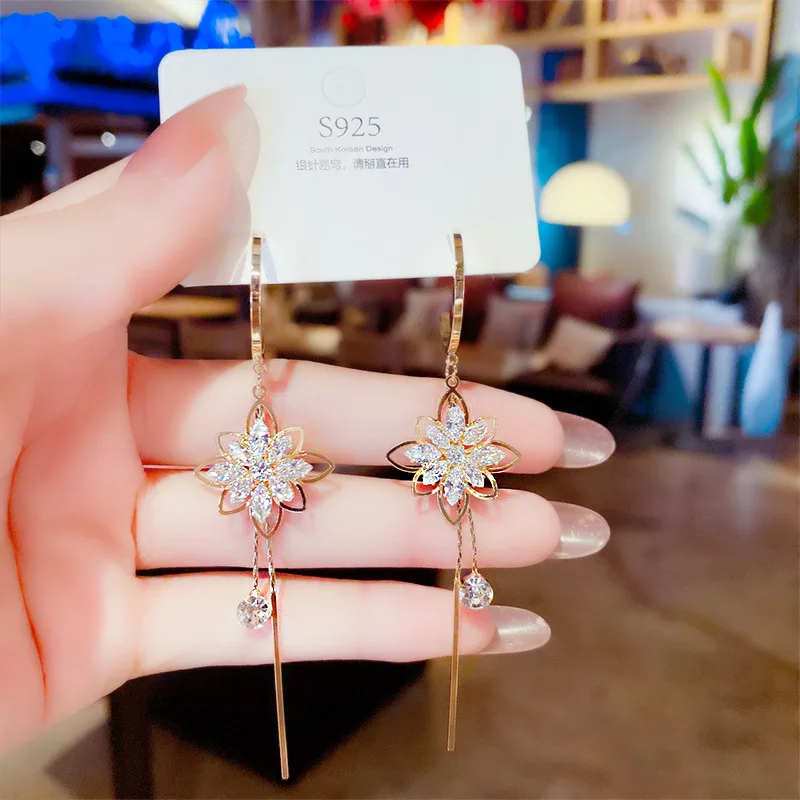 Geometric long tassel earrings Elegant fashion style inlaid zircon earrings Korean temperament  female earrings