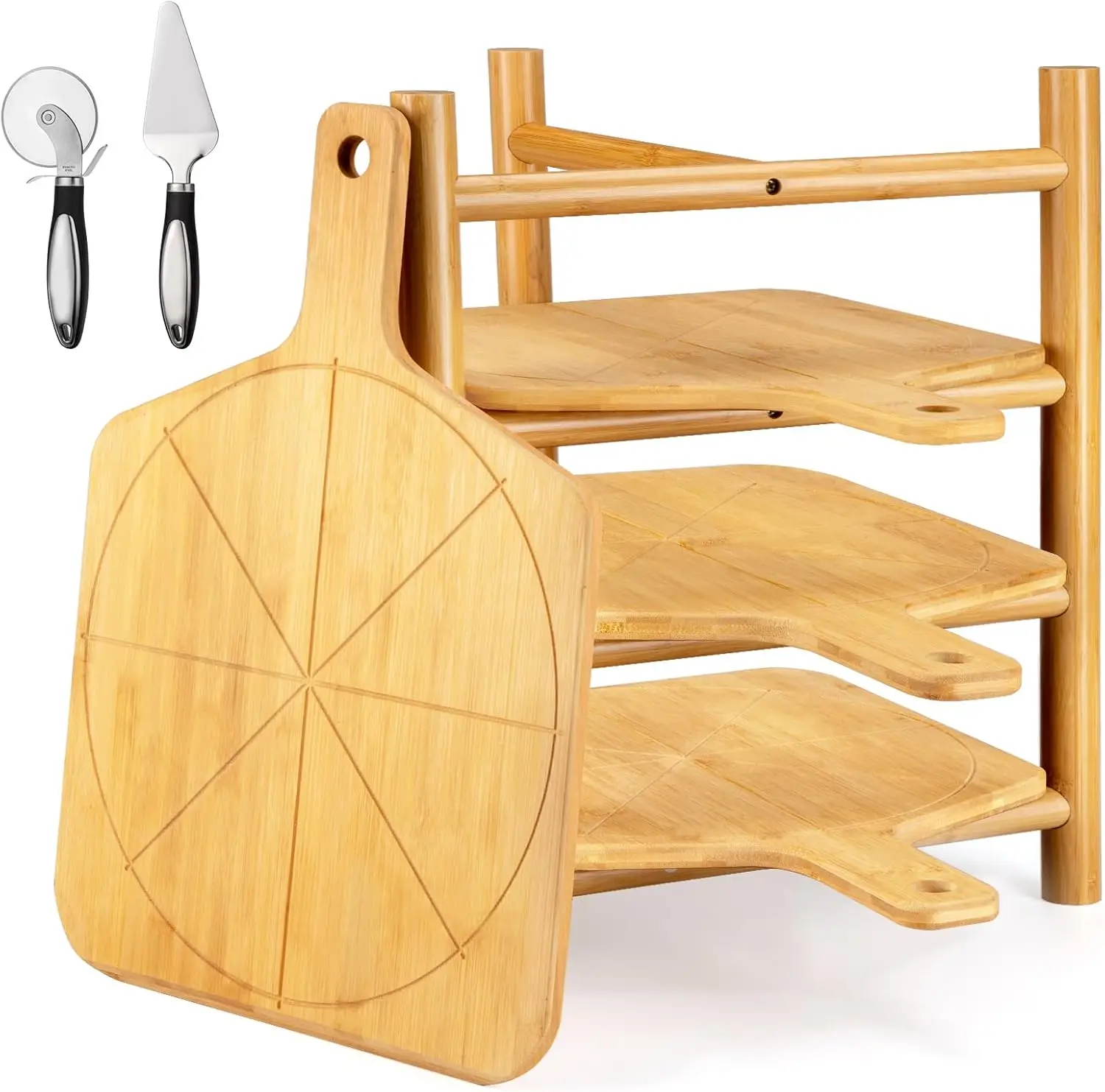 4pcs Bamboo Pizza Tools Smooth Pizza Peel Stand Cutting Board with 6 Slice Grooves Serving Tray Pizza Shovel