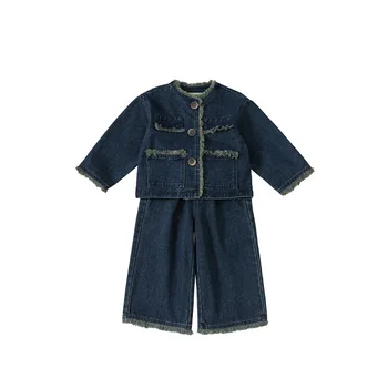 Baby girl clothing set small fragrant style girls' baby suit autumn clothes stylish denim wide-leg pants two-piece set