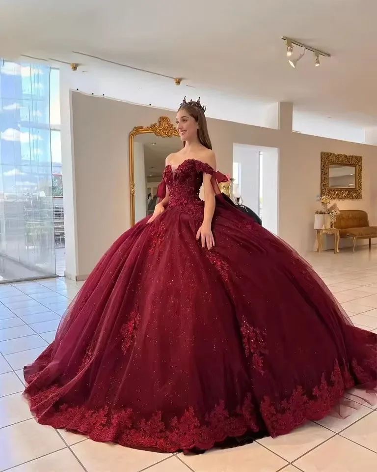 Customized Princess Quinceanera Dress - Burgundy Lace Appliqued
