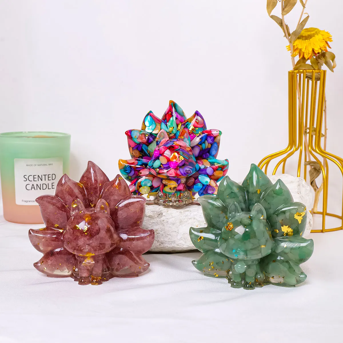 Wholesale Nine-Tailed Fox Resin Crafts with Natural Crystals