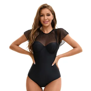 Nylon Mesh Solid Color Sexy Triangle Tight Design Training Dancewear Wholesale Short Sleeve Ladies One-Piece Leotard Swimsuit