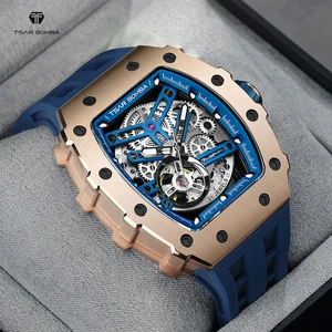 TSAR BOMBA Automatic Luxury Men's Wrist Watch with Analog Dial Display Water Resistant Tonneau Case Shape Silicone Band