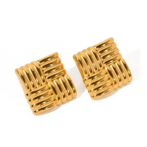 Minimalist Trendy 18k Gold Plated Square Stud Earrings Non-Tarnish Stainless Steel Square Texture Statement Jewelry