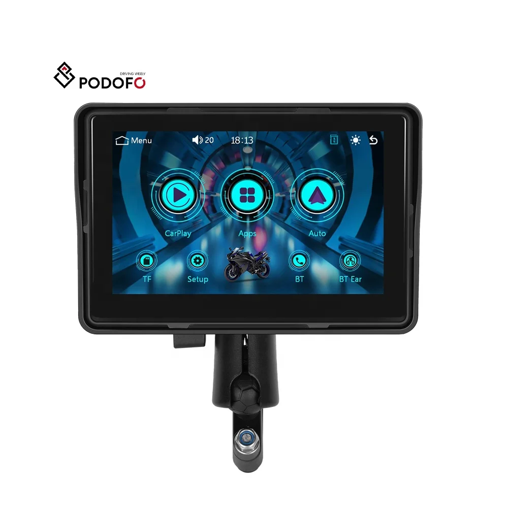Podofo 5 Inch Portable Wireless Carplay /Android Auto Monitor IP67 Waterproof for Motorcycle Support Airplay Android Cast BT A3731