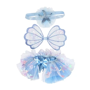 Baby Seashell Starfish Ocean Fairy Infant Christmas Ballroom Costume Set with Wings Fairy Tutu and Headband