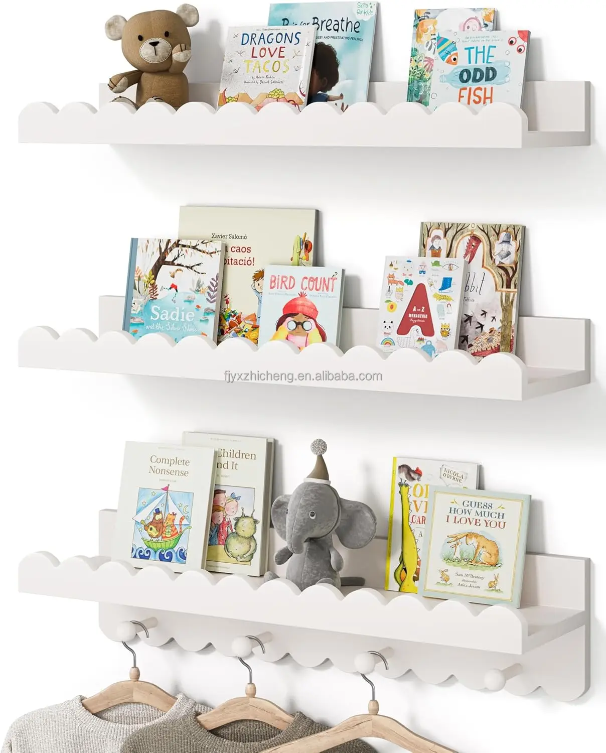 product nursery book shelves space saving modern decorative design with scalloped shelves and coat hooks set of 3-0