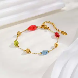 Wholesale Price Fashion Women Stainless Steel Beads Chain Bracelet 18k Gold-plated Natural Stone Bracelets
