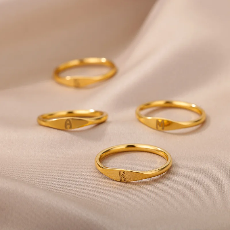 Minimalist Engraved Initial A-Z 26 Letter Signet Rings 18K Gold Plated ...