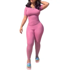 Women Plain Skinny Ribbed Top and Leggings Stretchy Outfits Short Sleeve Lounge Wear Women Two Piece Pants Set