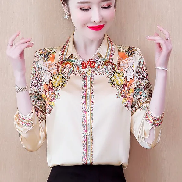 Fashion Flower Print Ladies Chiffon Shirts Womens Office Blouses 2022