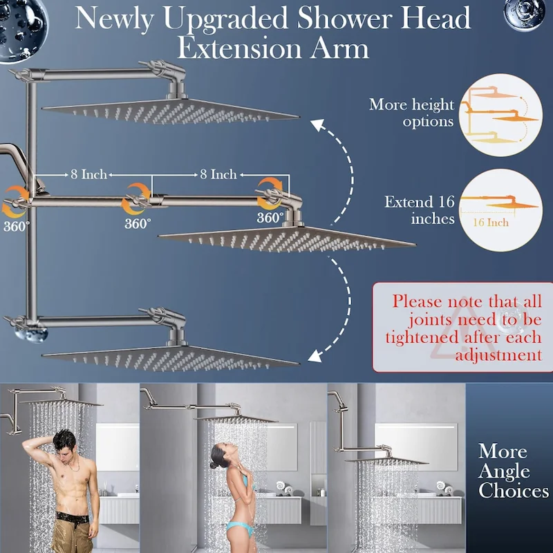 High Pressure Rainfall Shower Head with 16'' Flexible Angle Adjustable Extension Arm