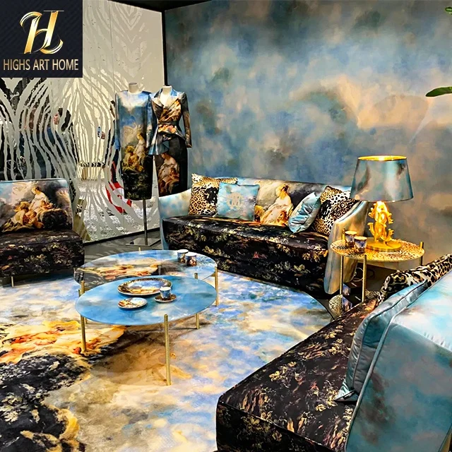 Nordic Design Italian Oil Painting Style Cloth Sofa Designer New Leopard Print Three Sofa for Villa Living Room