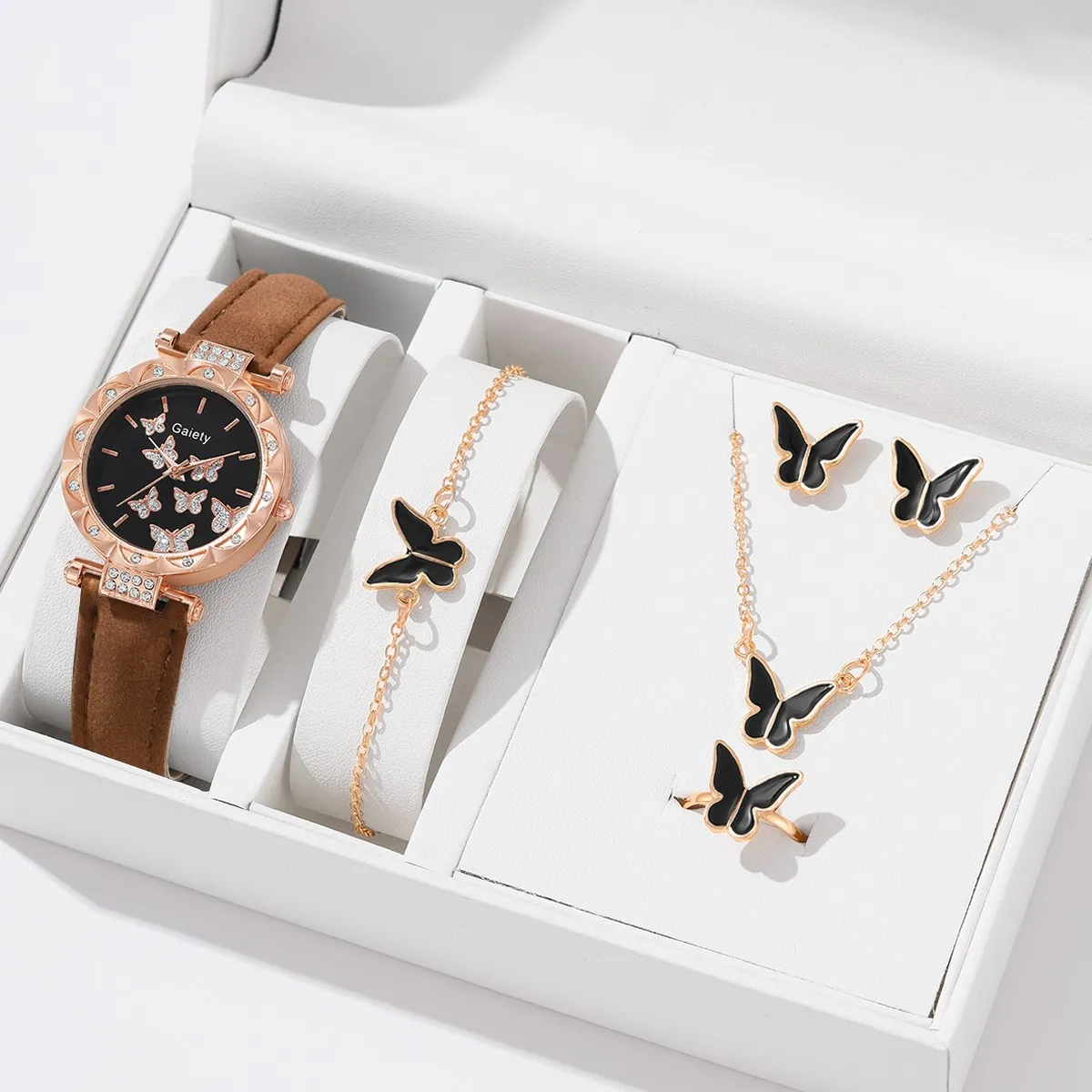 6pcs Luxury Watch Women Ring Necklace Earrings Bracelet Set Watches  Butterfly Leather Strap Ladies Quartz WristWatch CD108