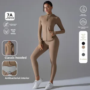 Top-Notch Double-Sided Nylon Yoga Set with Front Logo Solid Pattern Zip Hoodie Leggings and No-Show Underwear Design