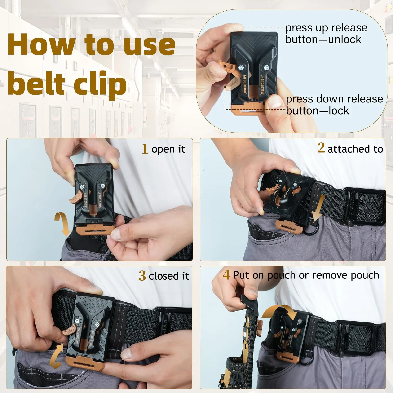 MELOTOUGH Small Tool Pouch and Quick Release Belt Clip,Clip on Tool Belt Pouch with Electrician Tapemeasure Clip Tool Holster