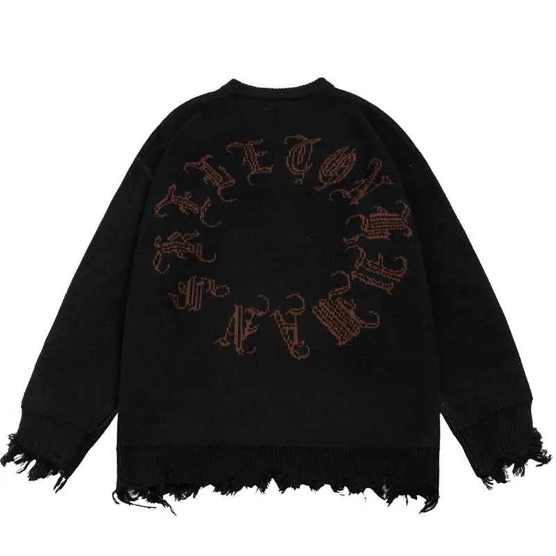 High Quality Distressed Hem Men's Sweater Skeleton Jacquard Embroidery ...