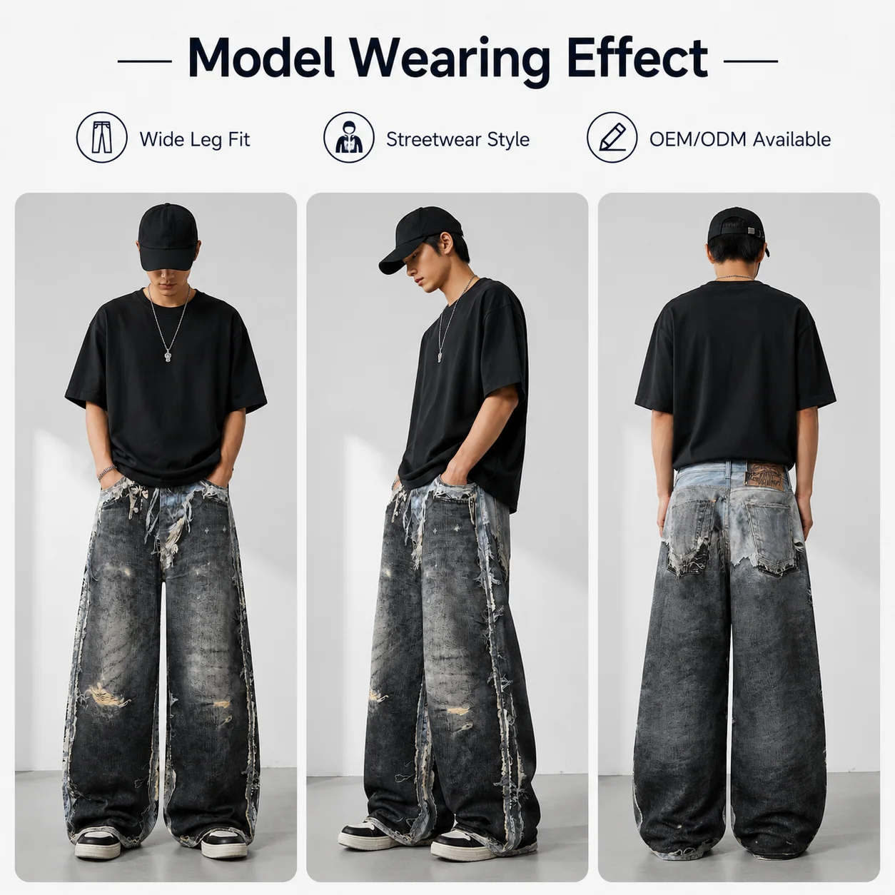 Men's Autumn Denim Printed Heavyweight Washed Knife Pants High Street Style Wide Leg Jeans
