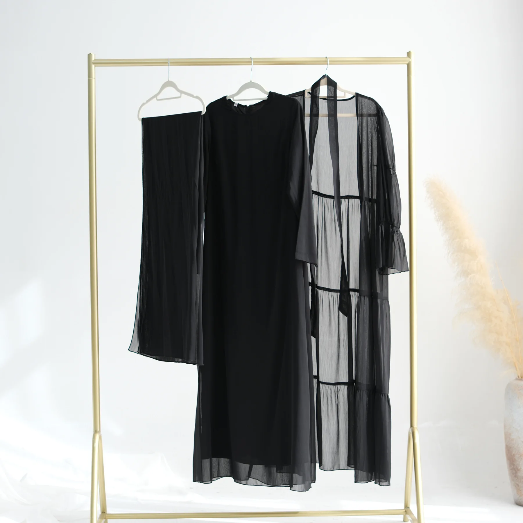 2025 Modest Robe Elegant Chiffon Open Abaya Kimono 3 Pieces Abaya Inner Dress and Hijab Set for Special Occasion