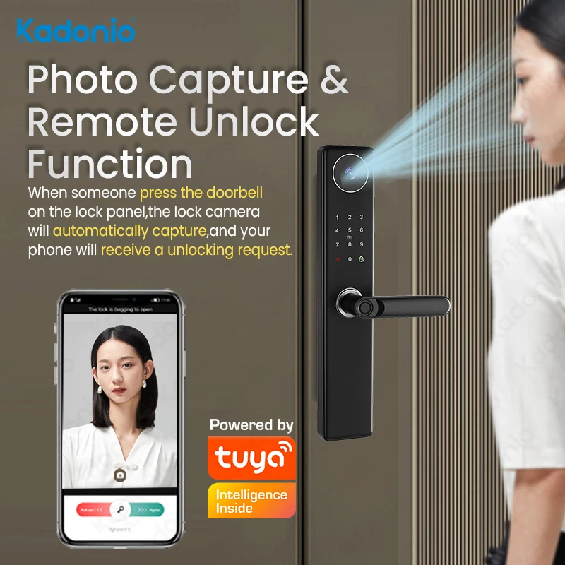 Kadonio Electronic Security Tuya APP Remote Control Wifi Deadbolt Residential Smart Door Lock With Camera