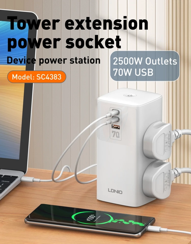 LDNIO SC4383 EU US UK Plug Power Strip 4 Socket 3 Multiple Chargers Tabletop Extension Lead 2500W Extension Power Socket