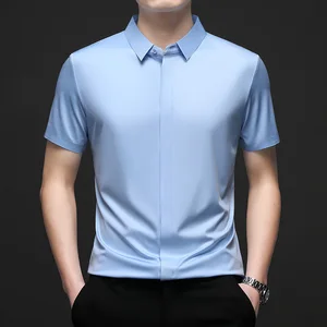 Silk Men Short Sleeve Shirt Business Casual Stretch Pure Color Commercial Affairs Casual Top
